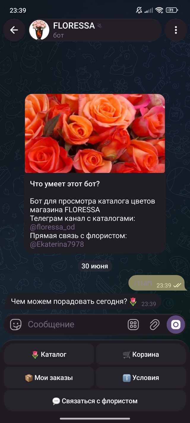 Главное меню бота FLORESSA